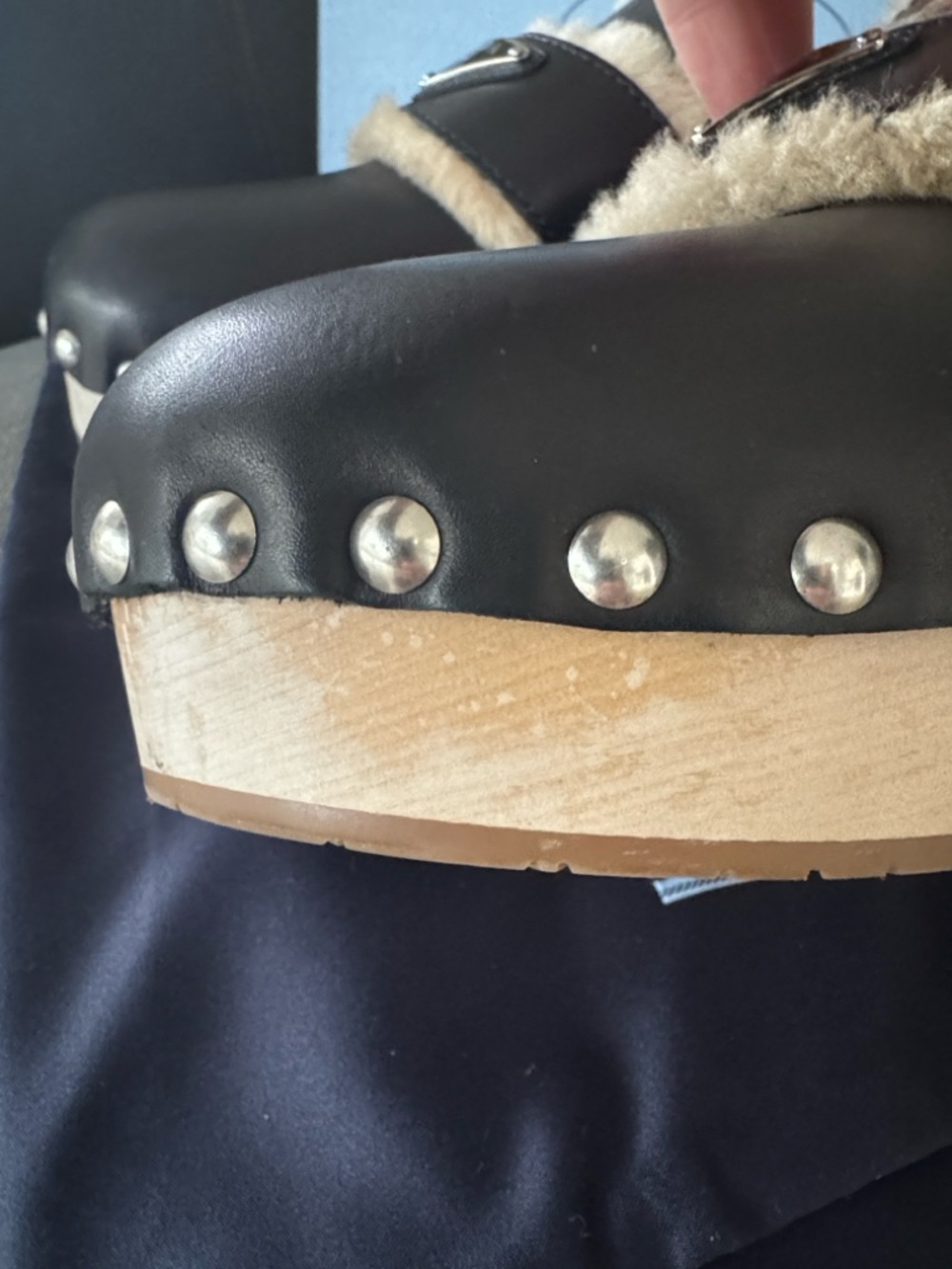 Prada logo Black Leather Stud Shearling Lined Clog, 45mm - Picture 7 of 10